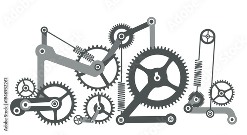 Complex monochrome illustration of a clockwork mechanism with interconnected gears levers and springs in a steampunk style design.