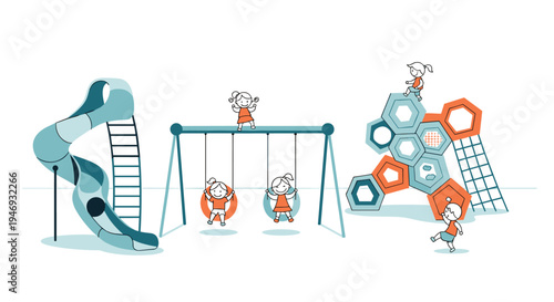 A minimalist line art illustration of happy children having fun on a modern playground with a slide swings and a climbing structure.
