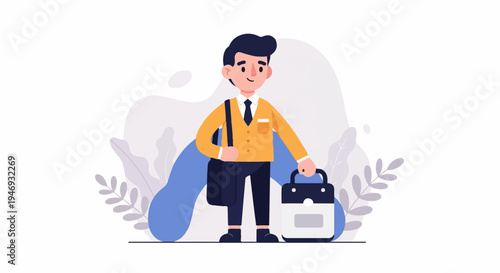 A stylized person in a yellow sweater, tie, and dark pants carries a shoulder bag and holds a black and white briefcase