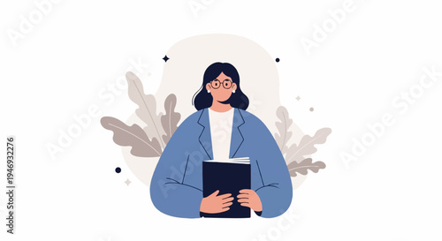 A woman in glasses and a blue blazer holds a dark book, surrounded by stylized leaves and circles