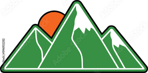 A stylized illustration of a mountain range at sunrise with snow capped peaks and vibrant green slopes