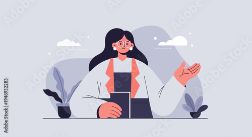 Illustration of a person in glasses with dark hair, wearing an apron over a coral shirt, holding a book