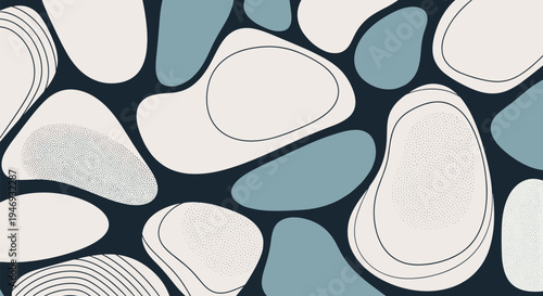 Modern abstract seamless pattern featuring organic rounded pebble-like shapes in calming blue and cream tones with subtle textures.