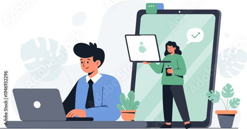 Digital collaboration with a man at laptop and woman presenting on large screen