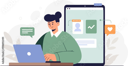 Person working on laptop beside a large screen with social media icons and notifications