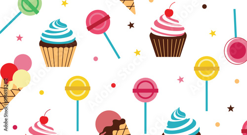 A playful seamless pattern of colorful sweet treats including cupcakes lollipops and ice cream cones on a simple white background.