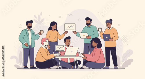 Diverse team collaborating on a project, analyzing data and charts