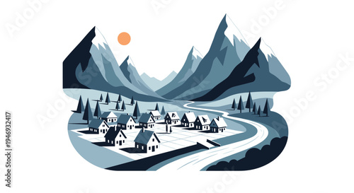 A serene flat design illustration of a quaint village nestled in a beautiful mountain valley with a warm sun in the sky.