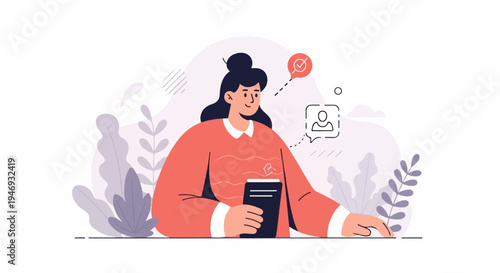 Stylized illustration of a person holding a device with icons representing connection and progress