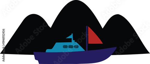 A blue sailboat with red sail sailing in front of three black mountains