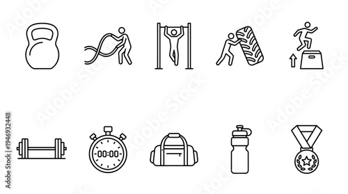 A clean line art collection of fitness equipment and activities including kettlebell, battle ropes, pull-up bar, tire flip, box jump, dumbbell, stopwatch, gym bag, water bottle, and medal.