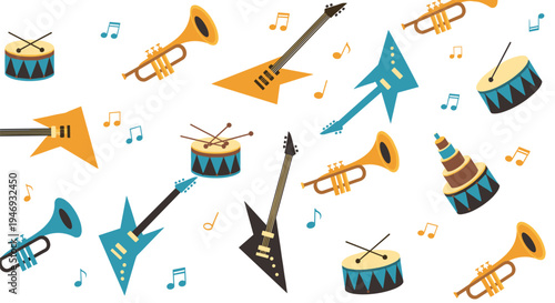 A playful seamless pattern of various musical instruments including electric guitars drums and trumpets scattered with music notes.