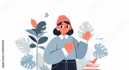 Friendly woman in a beanie with plants and a bird