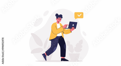 Person with glasses walks while holding and pointing at a laptop with a checkmark in a speech bubble