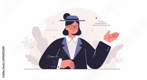 Stylish woman in hat and suit gesturing outwards with a friendly expression