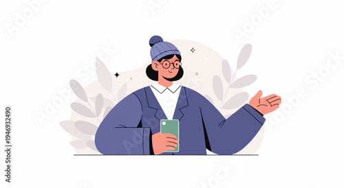 Woman in a purple coat and beanie holding a phone with a plant background