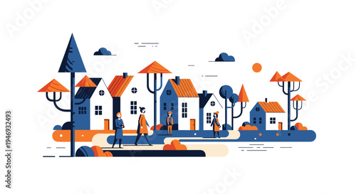 A modern flat design vector illustration of a charming neighborhood street scene with people walking past stylized houses and trees.