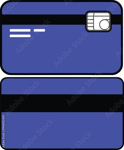 A blue credit card with a black stripe and silver details on a white background