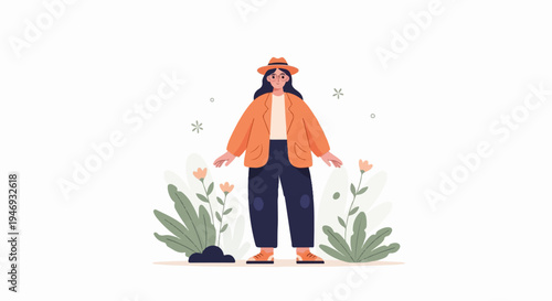Person in orange jacket and hat stands amidst plants and flowers with a minimalist aesthetic