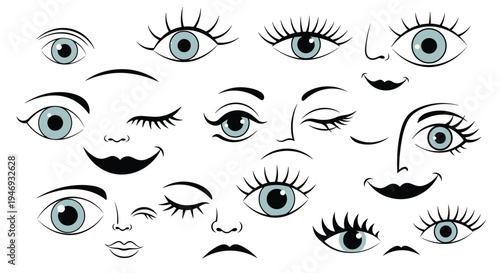 A whimsical collection of hand-drawn cartoon faces with expressive light blue eyes showing emotions like happiness and curiosity.