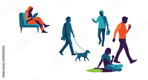 A collection of stylized colorful silhouettes of people enjoying leisure activities like reading walking a dog and relaxing outside.
