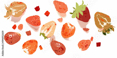 A collection of stylized sliced and whole strawberries on a white background