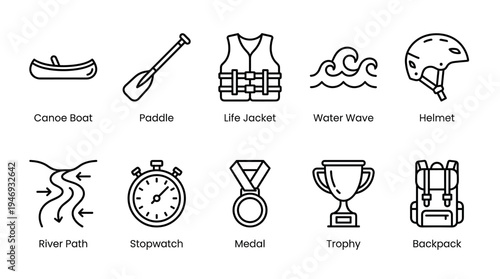 A collection of line art icons representing outdoor recreation and adventure activities like canoeing, paddling, and water sports.