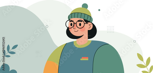 Stylized portrait of a person wearing glasses and a beanie, with abstract background elements