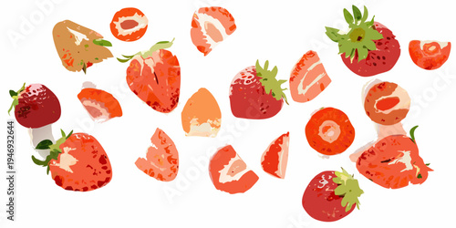 Assorted strawberries slices and pieces in a vibrant artistic arrangement