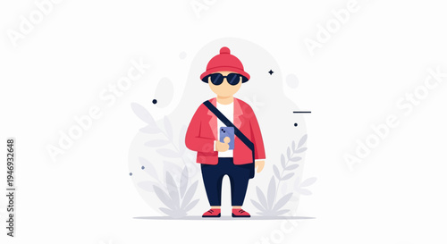 Stylish person in red jacket and hat holding a phone, with abstract foliage