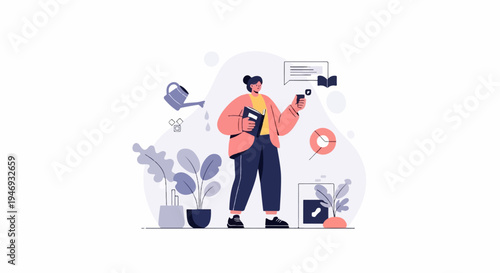 A person holding a book and a magnifying glass amidst plants and abstract shapes