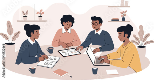 Four diverse individuals collaborating around a table with laptops and sketches, discussing ideas and planning