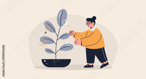Person tending to a potted plant with abstract shapes