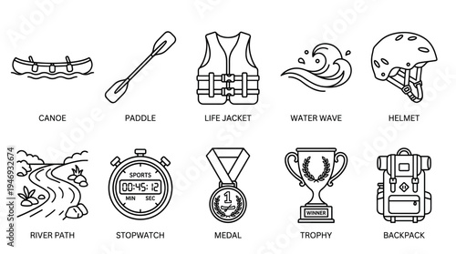 A collection of black and white outline icons representing various outdoor sports equipment, including a canoe, paddle, life jacket, wave, helmet, river path, stopwatch, medal, trophy, and backpack.