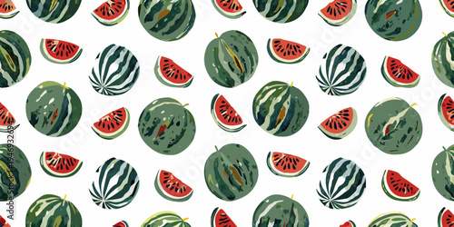 A vibrant pattern of stylized watermelons and sliced fruit