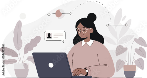 A person sits at a laptop surrounded by plants, with abstract graphics suggesting communication or progress