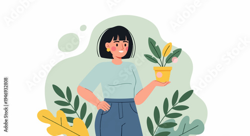 A woman with short dark hair smiles holding a potted plant