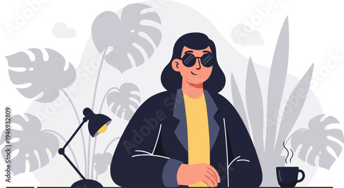 Stylish person in sunglasses sits at a desk with a lamp and plants