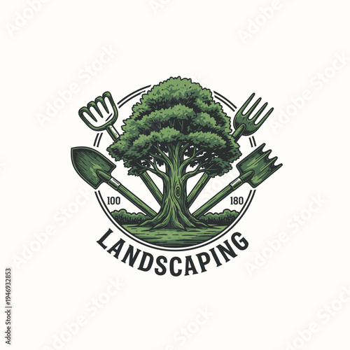 Landscaping Emblem with a Strong Tree and Classic Gardening Tools