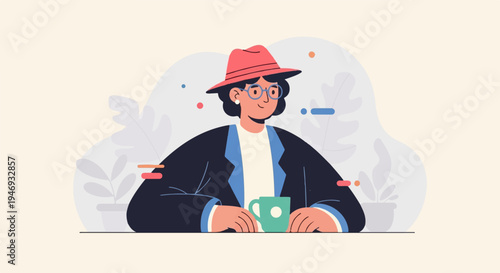 A person in a hat and glasses smiles while holding a mug, with plants and abstract shapes behind them