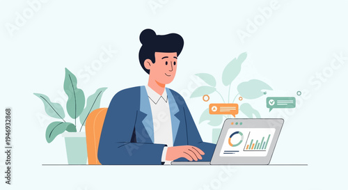 Person working on a laptop with charts and plants