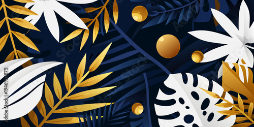 Stylized tropical leaves and golden orbs against a dark background