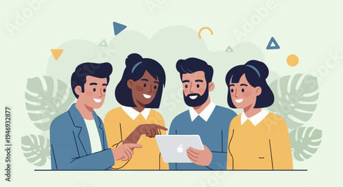 Diverse team collaborating on a tablet with abstract shapes and tropical leaves