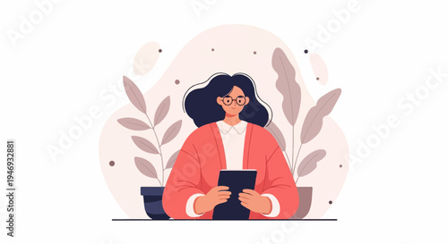 Woman with glasses and coral cardigan holding tablet amidst potted plants