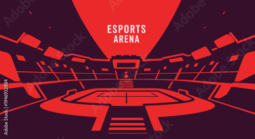 Esports Arena Design: Futuristic Gaming Competition Stadium with Red Tones