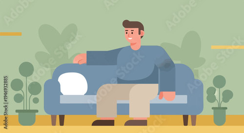 A smiling man in casual clothes relaxes on a blue couch, indoors, with plants