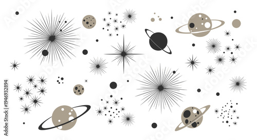 A stylish set of retro mid-century modern space elements including planets stars and starbursts in a muted color palette.