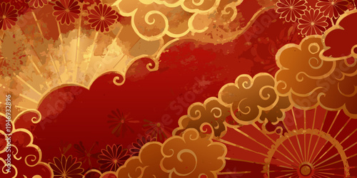 Elegant red and gold floral background with traditional asian motifs