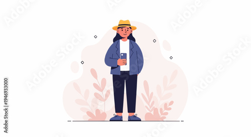 Person in hat and jacket holding phone, with abstract plants and shapes