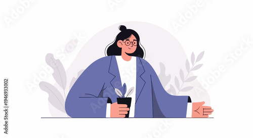 A stylized person in a purple jacket and glasses holds a potted plant